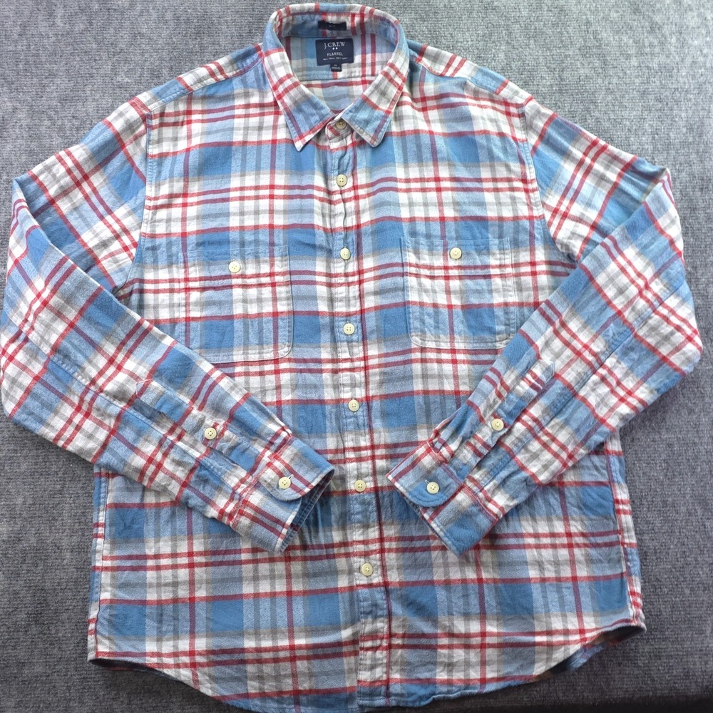 J‎ Crew Flannel Shirt XL Slim Fit Red Blue Plaid Long Sleeve Pockets Button Up